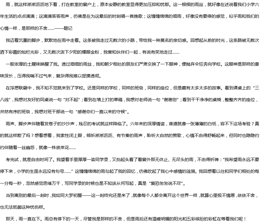 2020年中考滿分作文參考范文：那天，雨一直下